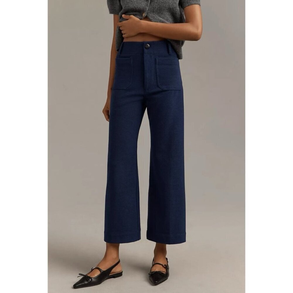 New Anthropologie Maeve Colette Brushed Knit Wide-Leg Pants Navy Blue 29
